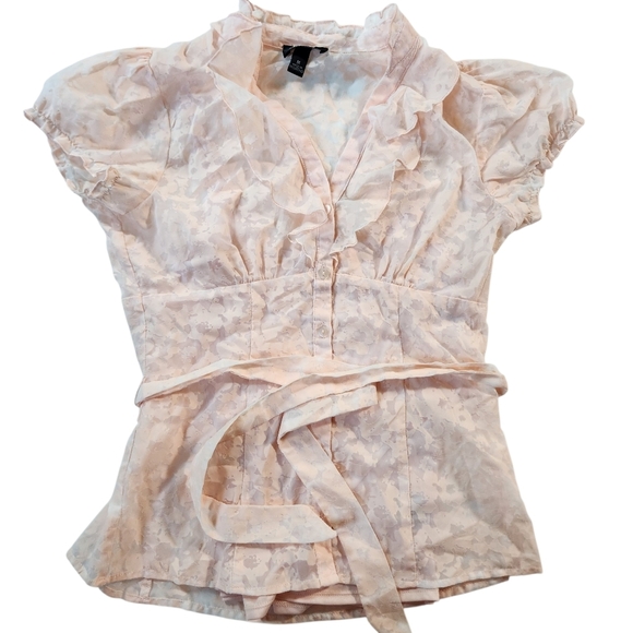 Y2K Amy Wear Pink Sheer Ruffle Button Down Top Sz M - Picture 2 of 8